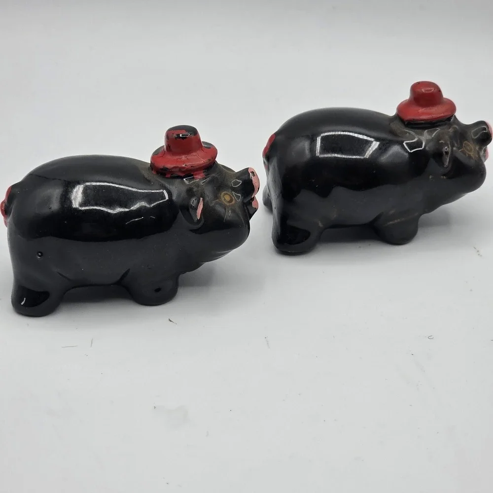 Vintage Ceramic Pig Salt Pepper Shakers Pair Black Red Hats Made in Japan Kitsch